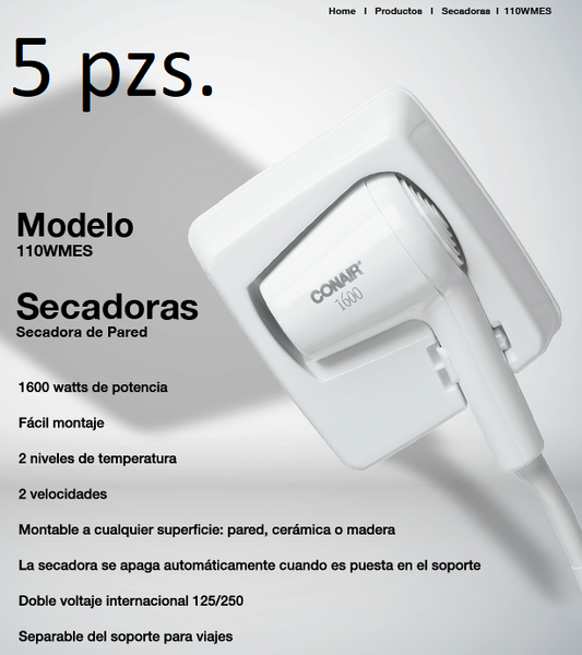 Lote 5 piezas Secadora Conair 1600 110w Empotrable Hotelera
